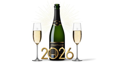 Champagne celebration 2026 new year's eve, festive drink luxury golden numbers