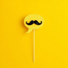 Moustache on a stick with a speech bubble on a bright yellow background