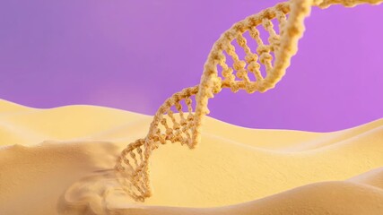 Emerging sandy DNA double helix uncoiling from lower left dune across sand dunes, with sand falling - Powered by Adobe