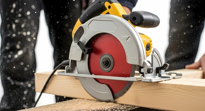 Close up of a skilled carpenter using a circular saw to cut a wooden plank creating sawdust clouds and demonstrating precision in woodworking and construction