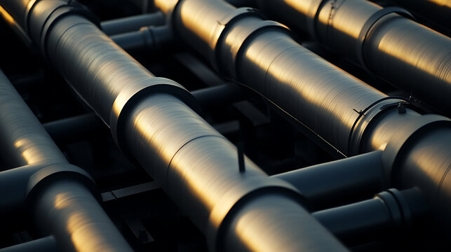 Interconnected industrial metal piping reflects a warm golden light, creating a visually striking pattern of parallel lines & intersections in an industrial landscape.