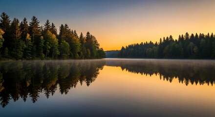 Serene lake reflection at sunrise with forest landscape