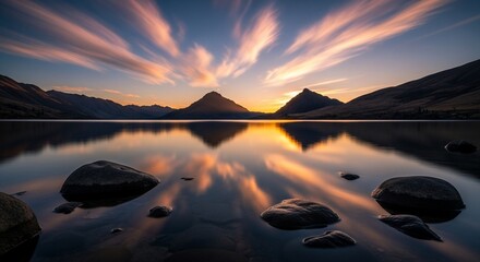 Serene lake scene with rocks and dramatic sunset sky