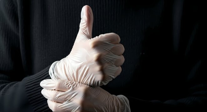 Hand Wearing Disposable Latex Glove Giving Thumbs Up Gesture for Safety and Approval - Powered by Adobe