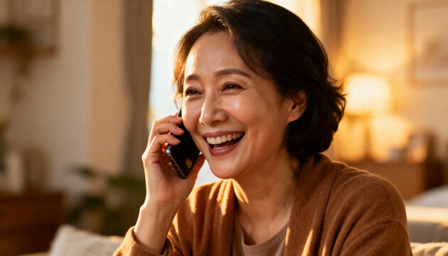 asian woman happily talking on the phone in cozy living room with natural lighting