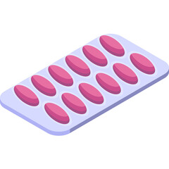 A Blister Pack Containing Fifteen Pink Oval Pills on a Light Blue Tray Against a Transparent Background