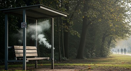 Shelter in park with smoking ban symbol and people walking