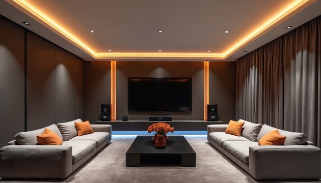 Modern home theater living room with large TV screen. Two long comfortable sofas face screen. Orange accent pillows on light grey couches. Recessed ceiling lights, warm orange wall lighting create
