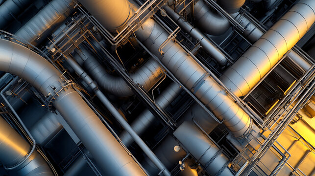 Interconnected network of industrial pipes and tubes, complex system, metal infrastructure, conveying liquids or gases, structural complexity, engineering marvel.