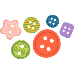 Assorted colorful sewing buttons in various shapes and patterns including round star and square designs with visible holes on a transparent background