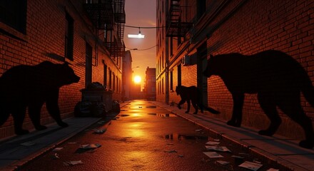 Silhouette of bears walking through urban alley at sunset