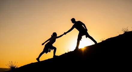 Silhouette of people helping on hill at sunset