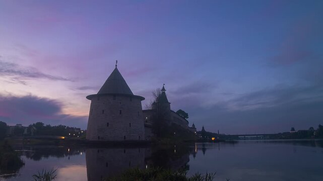 Lilac morning at the Pskov Kremlin.	