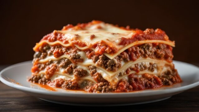 Indulge in a slice of warm, comforting lasagna with rich meat sauce and melted cheese on a rustic wooden table