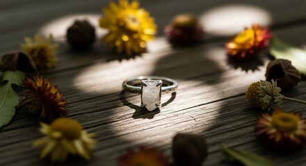 Silver ring with gemstone surrounded by dried flowers on wood surface