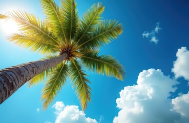 Majestic tropical palm tree trunk and vibrant green fronds reach for bright blue sky. Sun flares through leaves. Fluffy white clouds drift by on warm summer day, creating perfect vacation background.