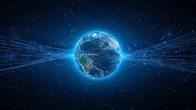 Digital Earth globe appearing and rotating in space environment, with streaming network lines
