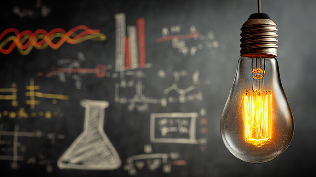 Glowing Edison light bulb in front of chalkboard with formulas