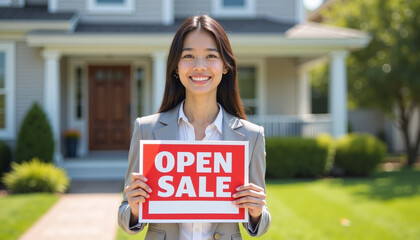 Open house showing features cheerful Asian realtor holding open sale sign near house. Open house invites potential buyers to explore property with welcoming presentation,