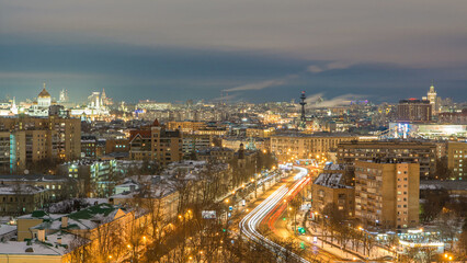 Moscow city Russia skyline aerial panoramic top view day to night timelapse urban winter snow scenery architecture background