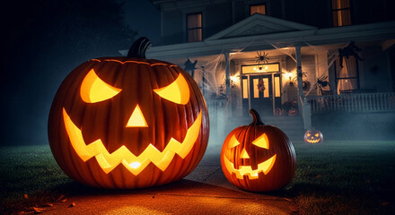 Fototapeta premium Illuminated orange pumpkin with carved face, set before a decorated house at night, representative of Halloween, celebration, and festive atmosphere
