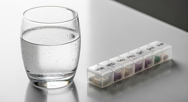 glass of water with weekly pill organizer on a white table, concept of health and routine