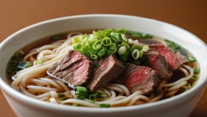 Steaming bowl of savory beef noodle soup topped with fresh green onions, a comforting and delicious meal perfect for any time.