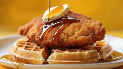 Indulge in crispy fried chicken atop fluffy waffles, drizzled with rich maple syrup and a melting pat of butter for the ultimate comfort meal.