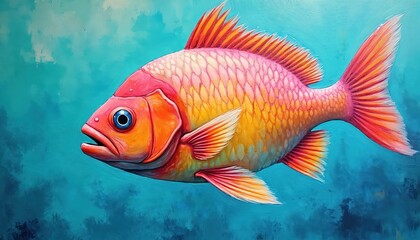 Fototapeta premium Close-up of vibrantly colored fish swimming in clear turquoise water with soft blue background. Aquatic creature displays stunning blend of orange pink, yellow scales. Artwork emphasizes eye, fins