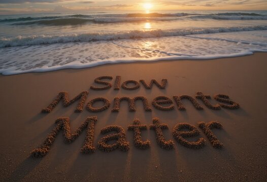 Momentos lentos importan escrito en la arena durante la puesta de sol, olas que tocan suavemente las letras, simbolizando reflexi&oacute;n y paz