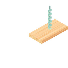 3D Illustration of a Teal Drill Bit Boring a Hole into a Light Brown Wooden Plank with a Clean Transparent Background