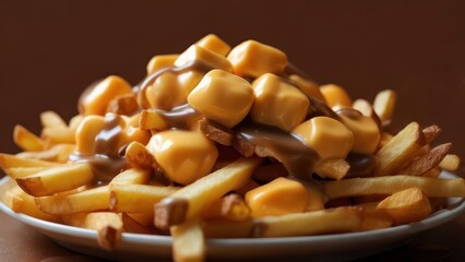 Indulge in a mouthwatering plate of classic poutine with crispy fries, squeaky cheese curds, and rich gravy, perfect for any casual dining scene.