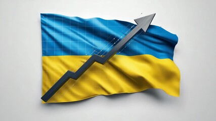 Animated Ukrainian flag rippling in breeze against backdrop, with grid and particles tracing arrow - Powered by Adobe