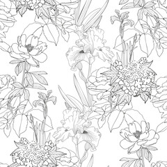 Floral background with peony, hydrangea, roses and iris. Vector illustration. Seamless pattern with garden flowers