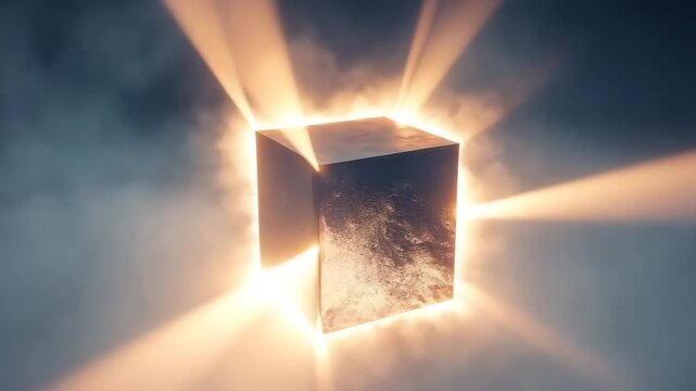Glowing cube suspended in fog radiates light amidst swirling mist during twilight hours