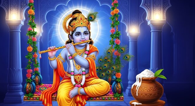 Lord Krishna Playing Flute Divine Hindu God Illustration with Blue Skin and Yellow Dhoti