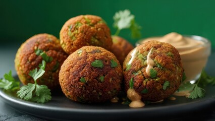 Golden brown falafel balls drizzled with creamy tahini sauce, a delicious and healthy appetizer perfect for any gathering.