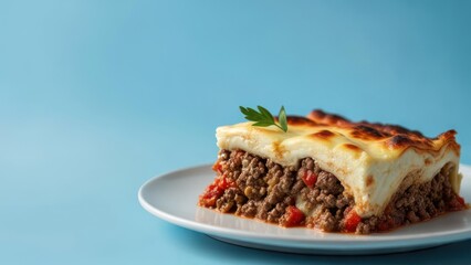 Indulge in a rich, savory slice of moussaka topped with creamy béchamel and a fresh parsley garnish, perfect for any culinary theme.