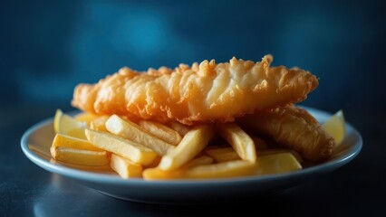 Delicious golden crispy fish and chips served with fresh lemon wedges on a white plate, perfect for restaurant menus and food blogs
