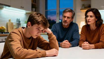 concerned parents and teenage boy discussing difficult issues at home in evening light