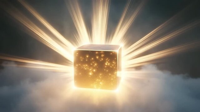 Glowing cube suspended in fog radiates light amidst swirling mist during twilight hours