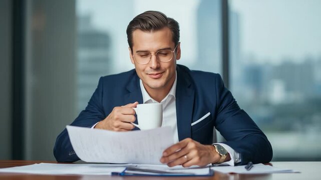 Seated man lifting white coffee mug, sipping and reviewing report in office, with blue folder