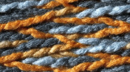 Close-up textured view of woven strands in orange, gray, and blue.