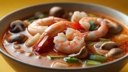 Indulge in a steaming bowl of vibrant Thai Tom Yum soup brimming with succulent shrimp, earthy mushrooms, and zesty lime for an unforgettable culinary experience.