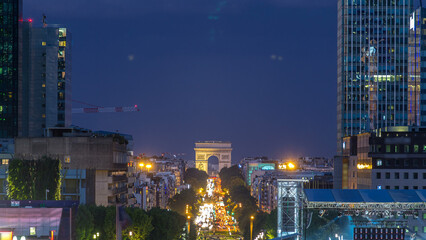 View from above in Defense business district to the Arc de Triumph day to night timelapse, Paris, France