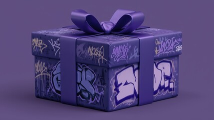 A purple gift box with graffiti art and a matching ribbon. The box features various colorful tags and designs, set against a solid purple background.