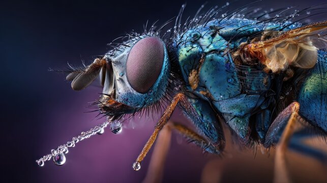 Macro photo of a bluebottle fly with water droplets on its face against dark background