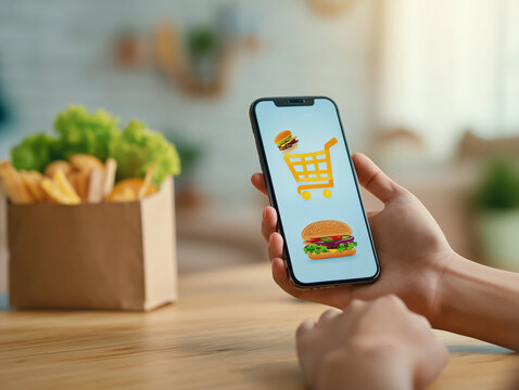 Customer using smartphone ordering food online with shopping cart icon: fast food delivery service application
