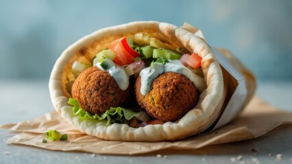 Delicious falafel pita wrap bursting with fresh vegetables and creamy sauce, a perfect street food delight.
