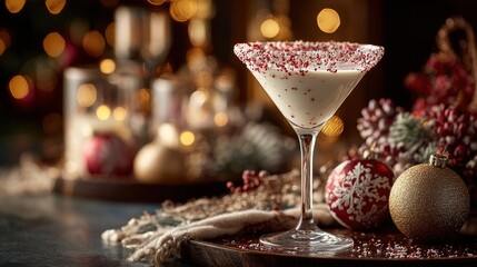 A festive cocktail in a glass with a rim of red sprinkles. Surrounded by Christmas decorations, candles, and ornaments. Warm, cozy atmosphere.